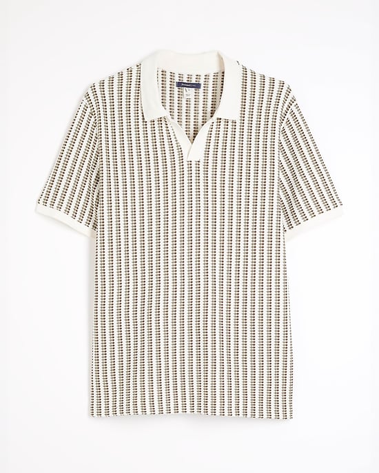 River Island Mens Polo Shirt Cream Regular Fit Stripe Crochet - Image 6
