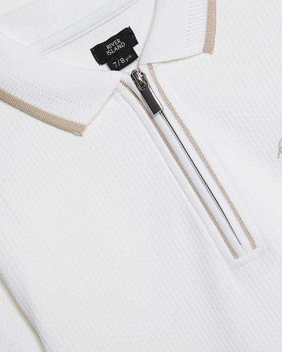 River Island Boys Polo Shirt White Textured Embroidered Graphic - Image 3