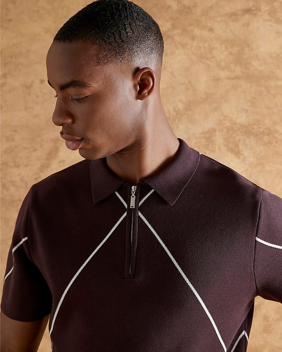 River Island Mens Polo Shirt Purple Slim Fit Argyle Short Sleeve - Image 2