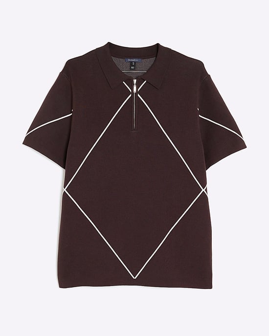River Island Mens Polo Shirt Purple Slim Fit Argyle Short Sleeve - Image 6
