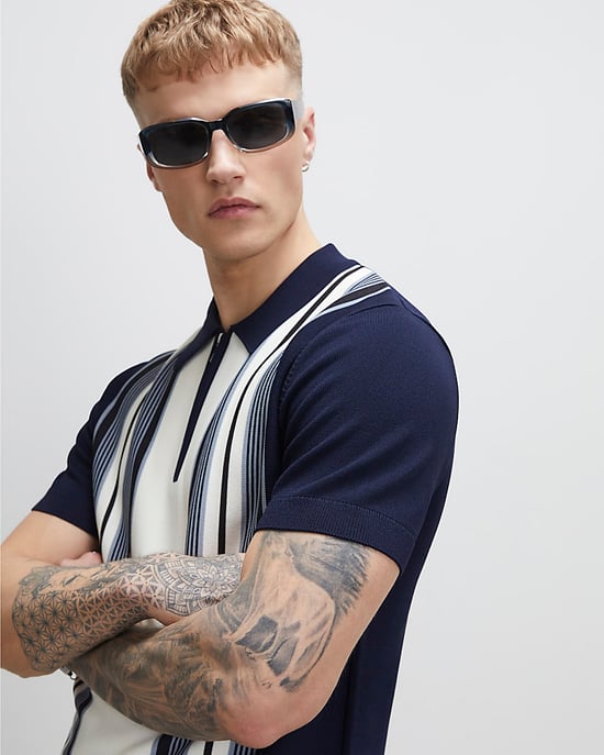 River Island Mens Polo Shirt Navy Slim Fit Stripe Colour Block - Image 2