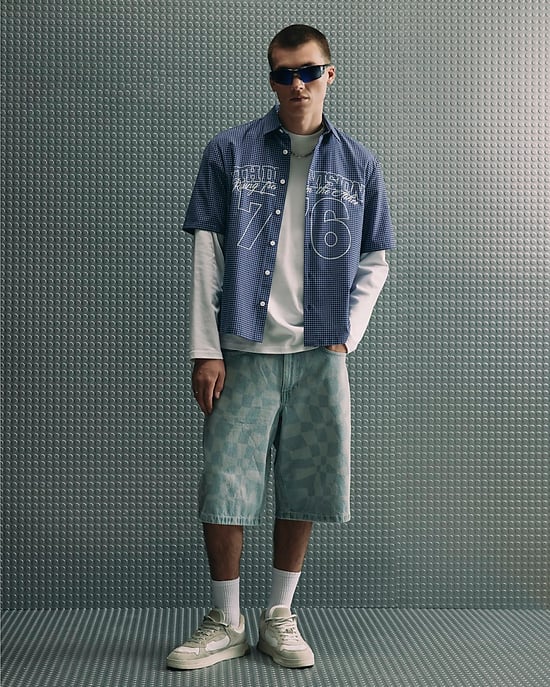 River Island Mens Shorts Blue Geometric Print Denim Button Zip - Image 2