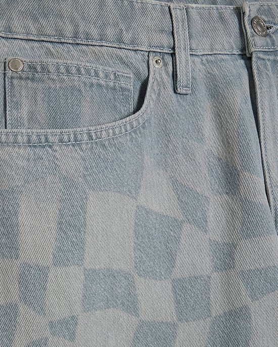 River Island Mens Shorts Blue Geometric Print Denim Button Zip - Image 5