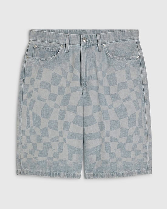 River Island Mens Shorts Blue Geometric Print Denim Button Zip - Image 6