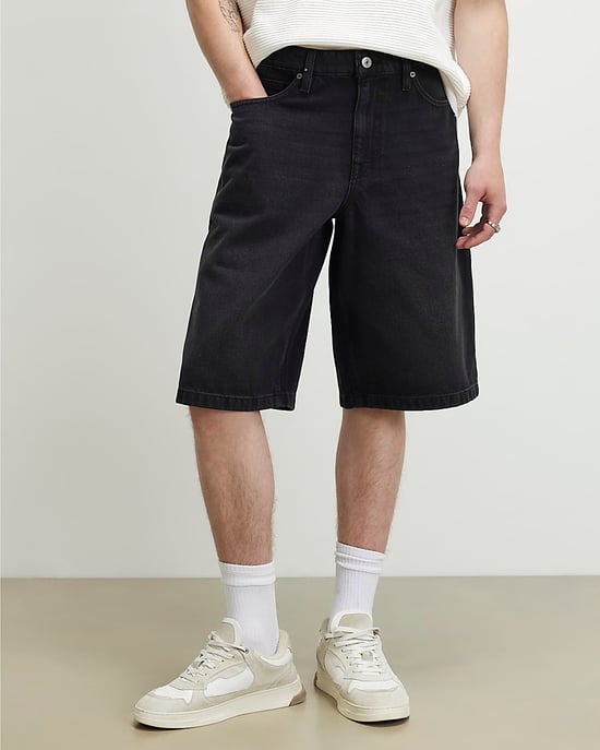 River Island Mens Denim Jorts Black Washed Button Zip - Image 1