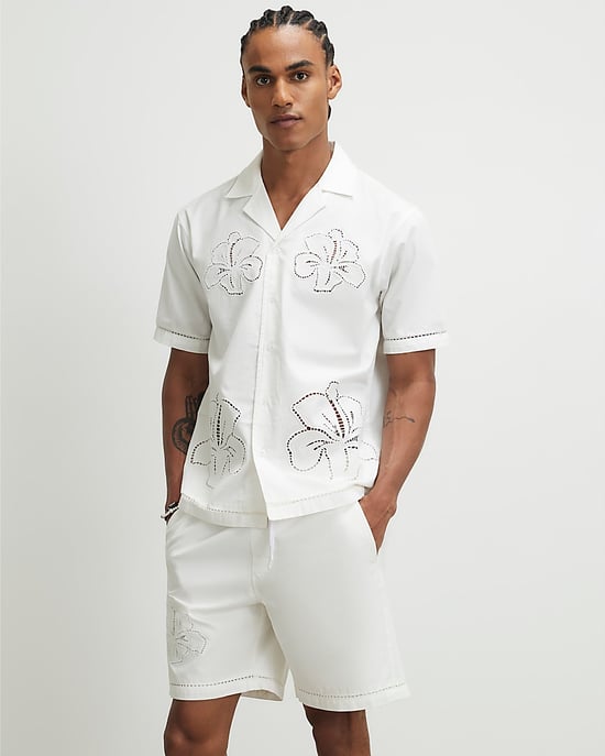 River Island Mens Shorts White Embroidered Elasticated - Image 3