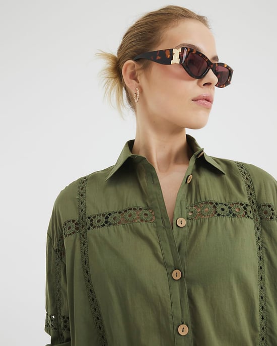 River Island Womens Shirt Khaki Long Sleeve Lace Detail Collared - Image 2