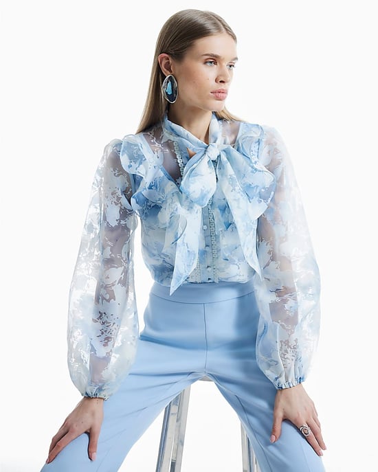 River Island Womens Shirt Blue Floral Print Tie Neck Embroidered - Image 1