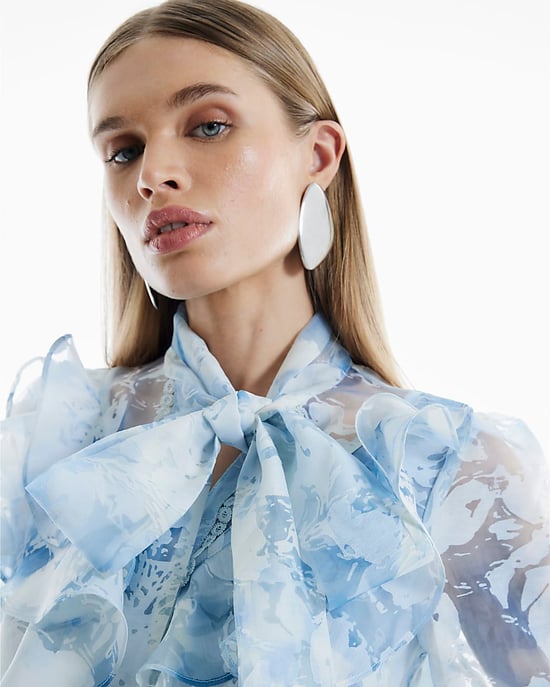 River Island Womens Shirt Blue Floral Print Tie Neck Embroidered - Image 2