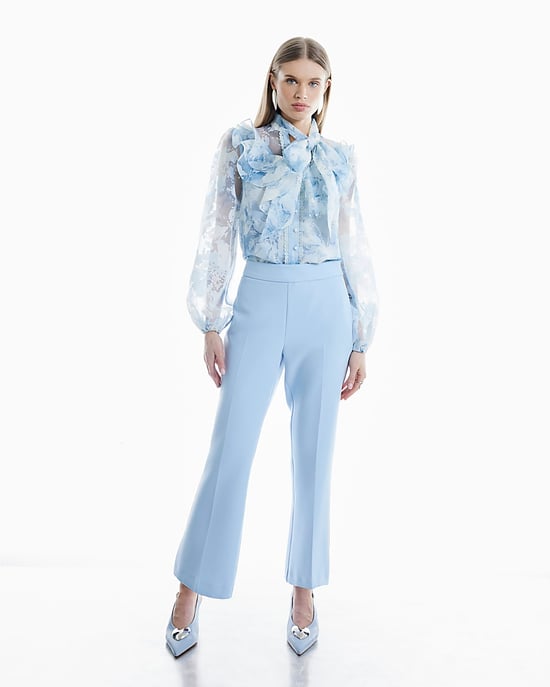 River Island Womens Shirt Blue Floral Print Tie Neck Embroidered - Image 3