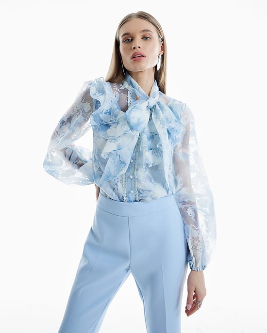 River Island Womens Shirt Blue Floral Print Tie Neck Embroidered - Image 4