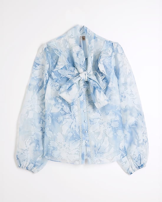 River Island Womens Shirt Blue Floral Print Tie Neck Embroidered - Image 6