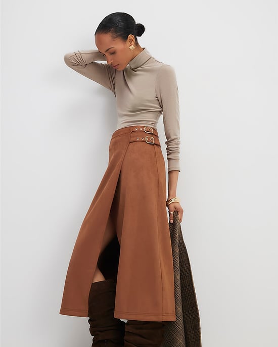 River Island Womens Wrap Midi Skirt Brown Faux Suede Buckle - Image 2