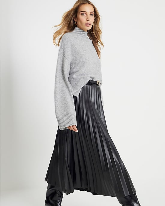 River Island Womens Midi Skirt Black Faux Leather Belted Pleated - Image 2