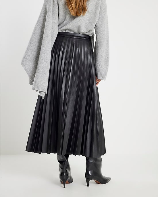 River Island Womens Midi Skirt Black Faux Leather Belted Pleated - Image 3