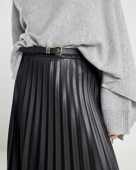 River Island Womens Midi Skirt Black Faux Leather Belted Pleated - Image 4