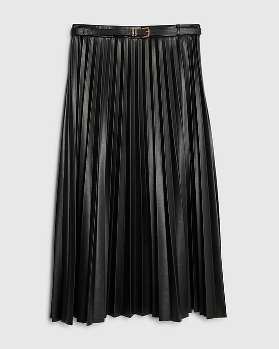 River Island Womens Midi Skirt Black Faux Leather Belted Pleated - Image 6