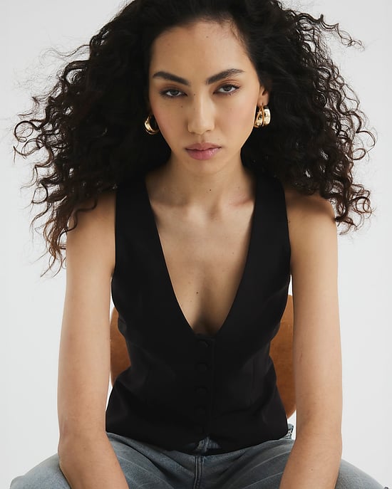 River Island Womens Waistcoat Black Button Front V-Neck - Image 1