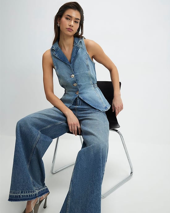 River Island Womens Waistcoat Blue Denim Elasticated Sleeveless - Image 2