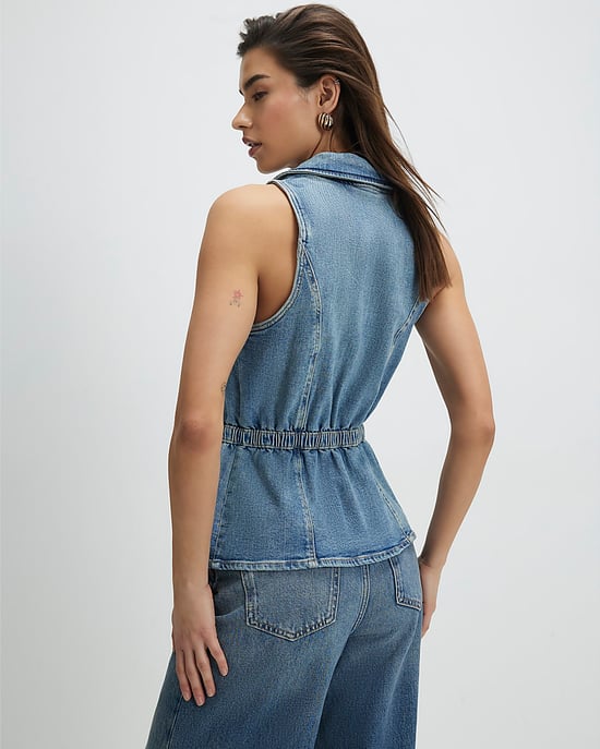 River Island Womens Waistcoat Blue Denim Elasticated Sleeveless - Image 3