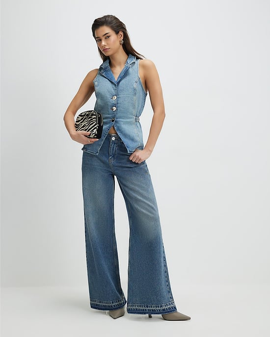 River Island Womens Waistcoat Blue Denim Elasticated Sleeveless - Image 4