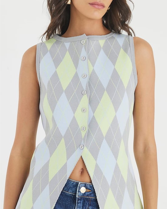 River Island Womens Waistcoat Grey Knit Argyle Button - Image 1