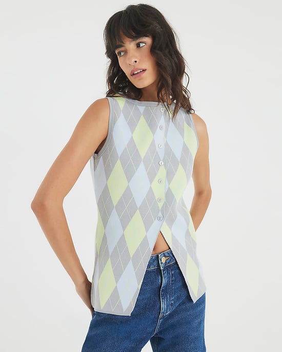 River Island Womens Waistcoat Grey Knit Argyle Button - Image 2