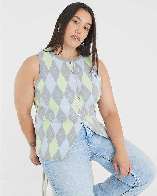 River Island Womens Waistcoat Grey Knit Argyle Button - Image 5