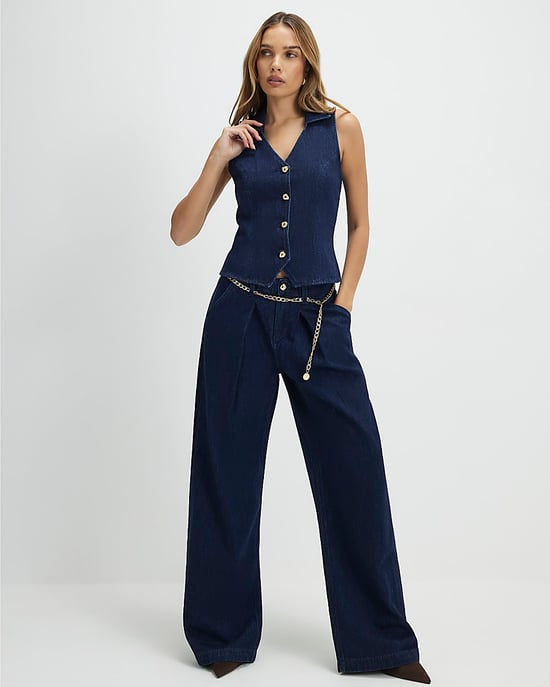River Island Womens Waistcoat Blue Collared Denim Button - Image 2