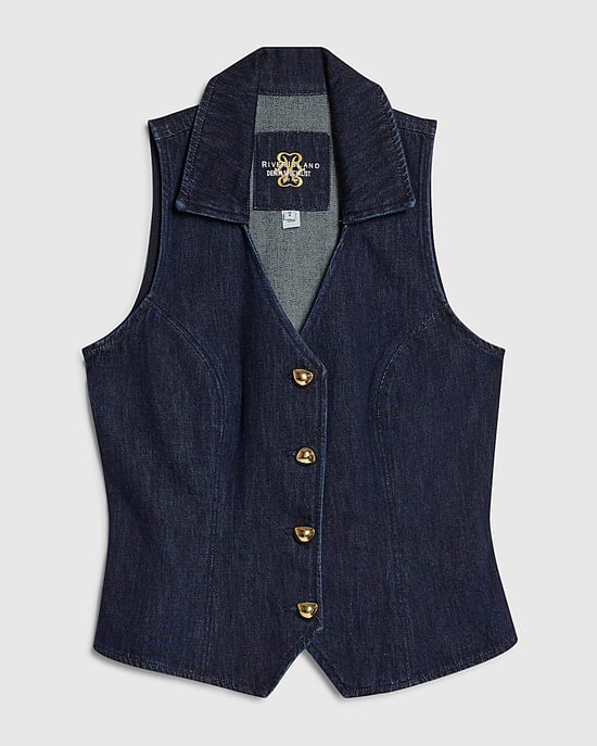 River Island Womens Waistcoat Blue Collared Denim Button - Image 6