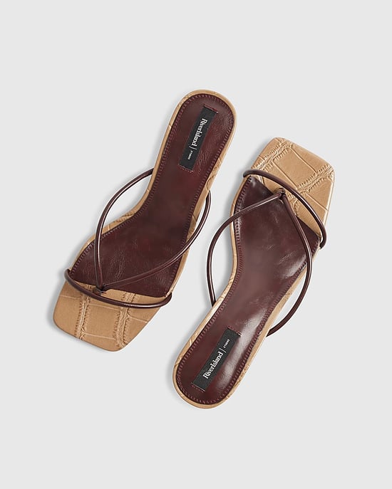 River Island Womens Mule Sandals Brown Strap Toe Thong Heeled Shoes - Image 4
