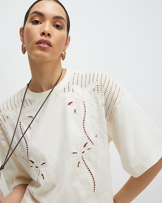River Island Womens T-Shirt Cream Short Sleeve Palm Broderie - Image 1