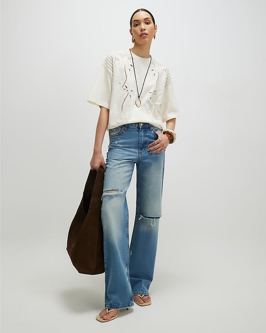 River Island Womens T-Shirt Cream Short Sleeve Palm Broderie - Image 2