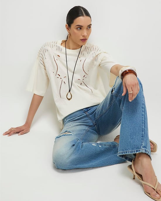 River Island Womens T-Shirt Cream Short Sleeve Palm Broderie - Image 4