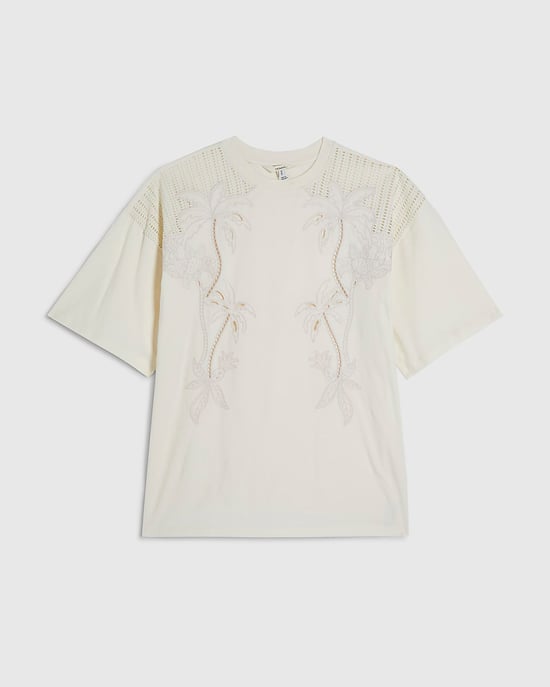 River Island Womens T-Shirt Cream Short Sleeve Palm Broderie - Image 6