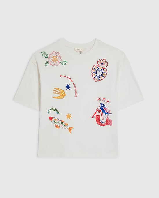 River Island Womens T-Shirt White Cotton Embellished Quirky Boxy - Image 6