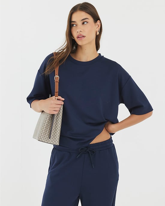 River Island Womens T-Shirt Navy Premium Short Sleeve Boxy - Image 1