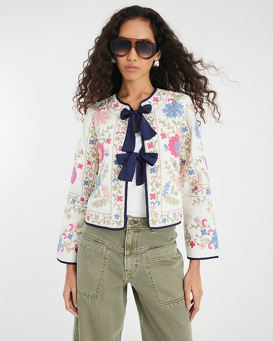 River Island Womens Jacket Cream Floral Embroidered Tie Front - Image 1