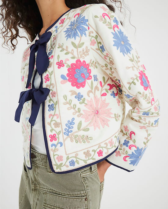 River Island Womens Jacket Cream Floral Embroidered Tie Front - Image 2
