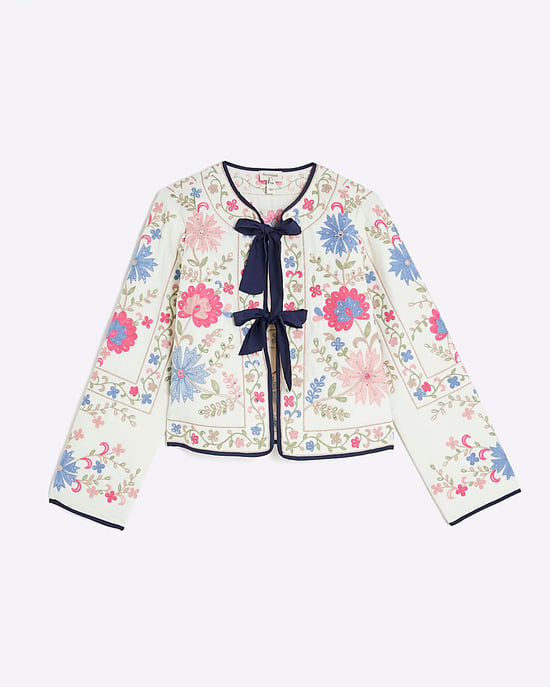 River Island Womens Jacket Cream Floral Embroidered Tie Front - Image 6