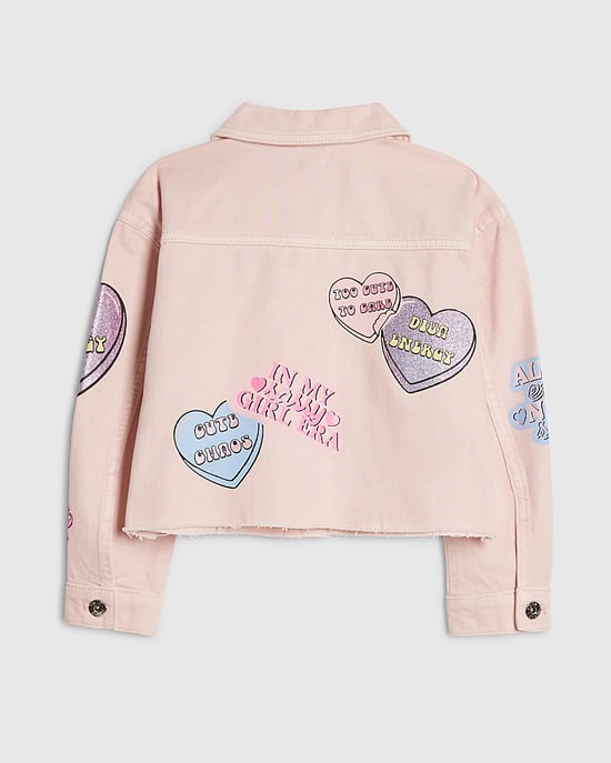River Island Girls Jacket Denim Pink Love Heart Graphic - Image 1
