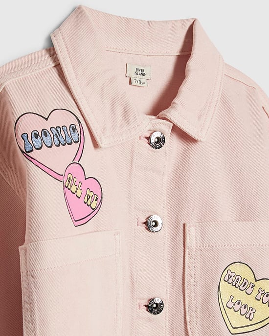 River Island Girls Jacket Denim Pink Love Heart Graphic - Image 2