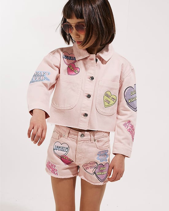 River Island Girls Jacket Denim Pink Love Heart Graphic - Image 3