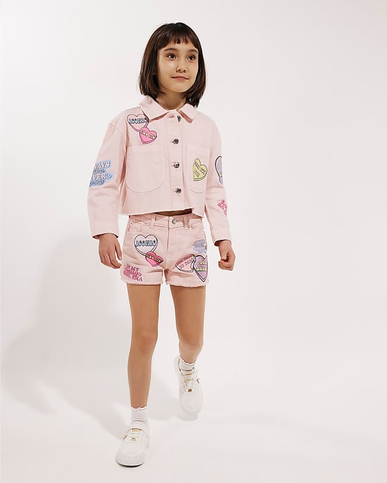 River Island Girls Jacket Denim Pink Love Heart Graphic - Image 4