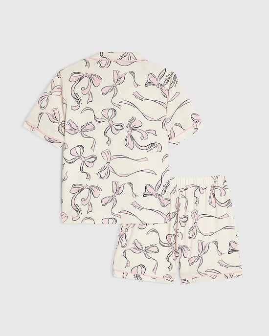 River Island Girls Pyjama Set Cream Bow Print Short Sleeve 2 Piece - Image 2