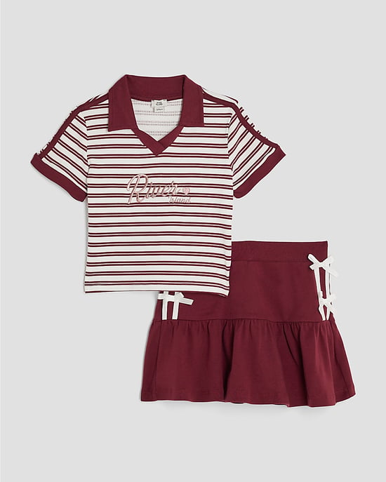 River Island Girls Polo Top & Skirt Set Red Stripe 2 Piece - Image 1