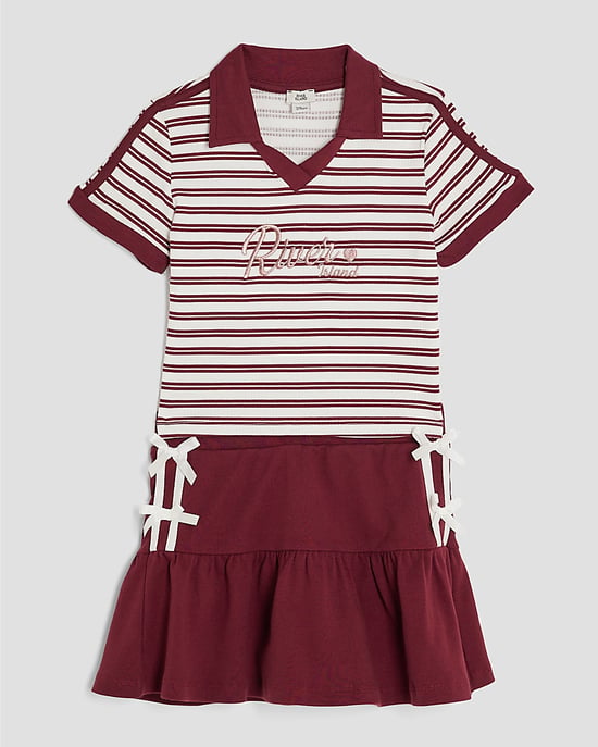 River Island Girls Polo Top & Skirt Set Red Stripe 2 Piece - Image 5