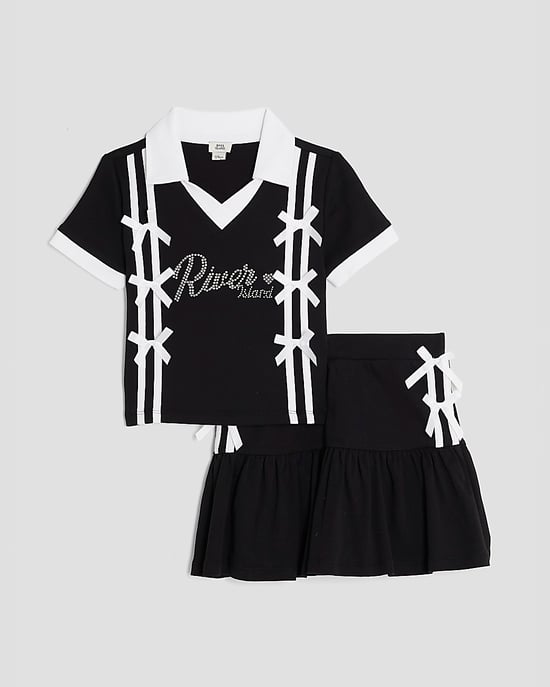 River Island Girls Polo Shirt & Skirt Set Black Bow Collared 2 Piece - Image 1