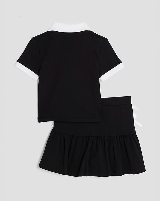 River Island Girls Polo Shirt & Skirt Set Black Bow Collared 2 Piece - Image 2