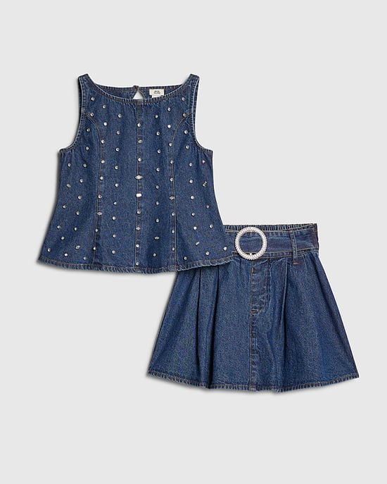 River Island Girls Peplum Top & Skirt Set Blue Embellished 2 Piece - Image 1
